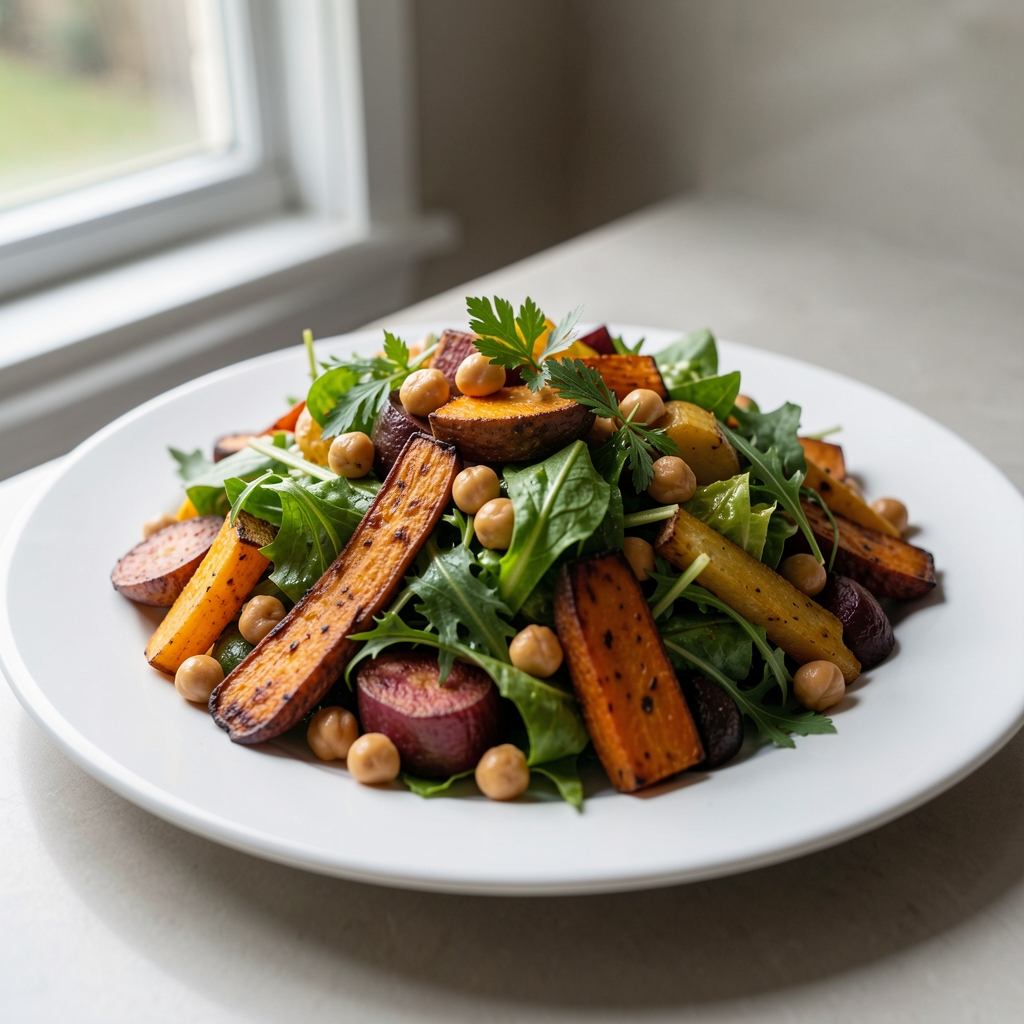 Close-up of a colourful seasonal salad with roasted root vegetables, chickpeas, and fresh herbs laid out on a white ceramic plate with natural light from a nearby window